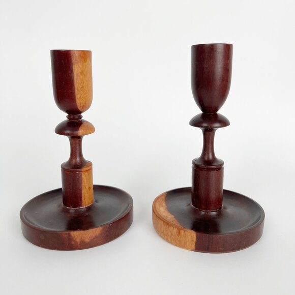 Two Vintage Hand Carved Wooden Candle Holders Rustic Handmade Gift Unique Pair - Picture 1 of 4